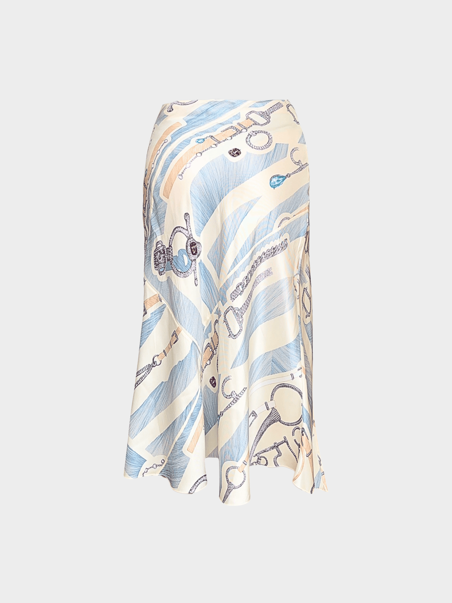 Hermes 2000s Cream and Baby Blue Graphic Silk Skirt