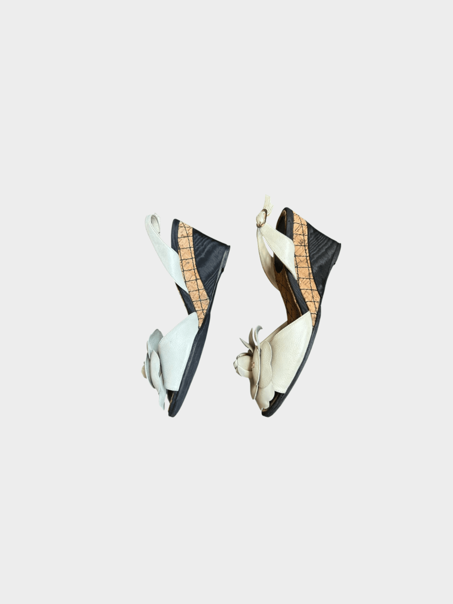 Chanel 2000s White and Black Leather Cork Slingback Wedges