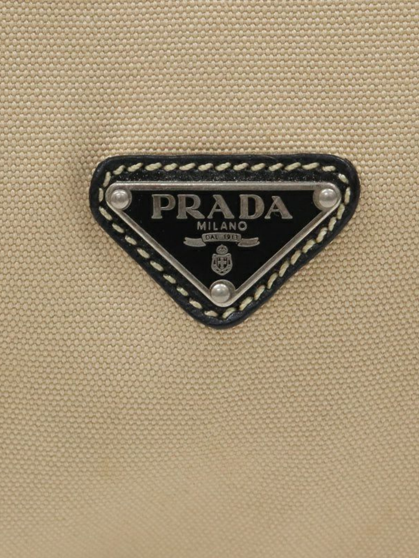 Prada 2000s Beige Black Triangle Logo Canvas Leather Handbag