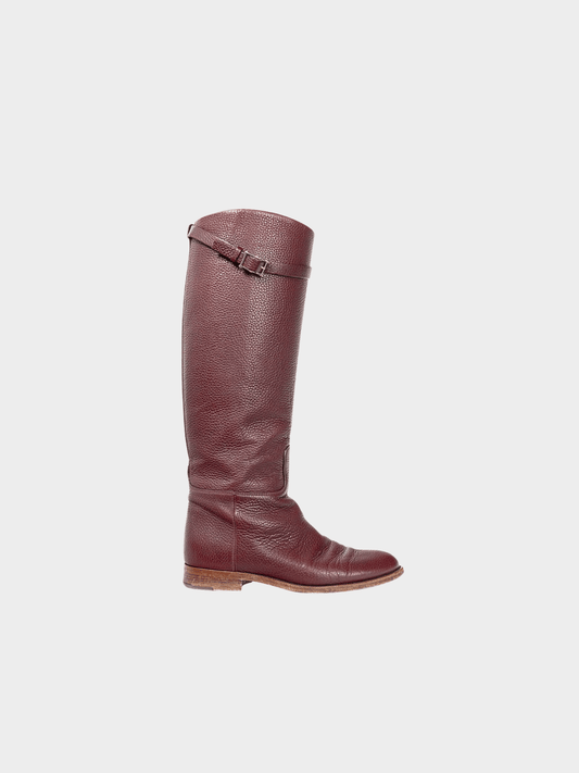 Valentino Garavani 2010s Burgundy Pebbled-Leather Rockstud-Buckle Riding Boots
