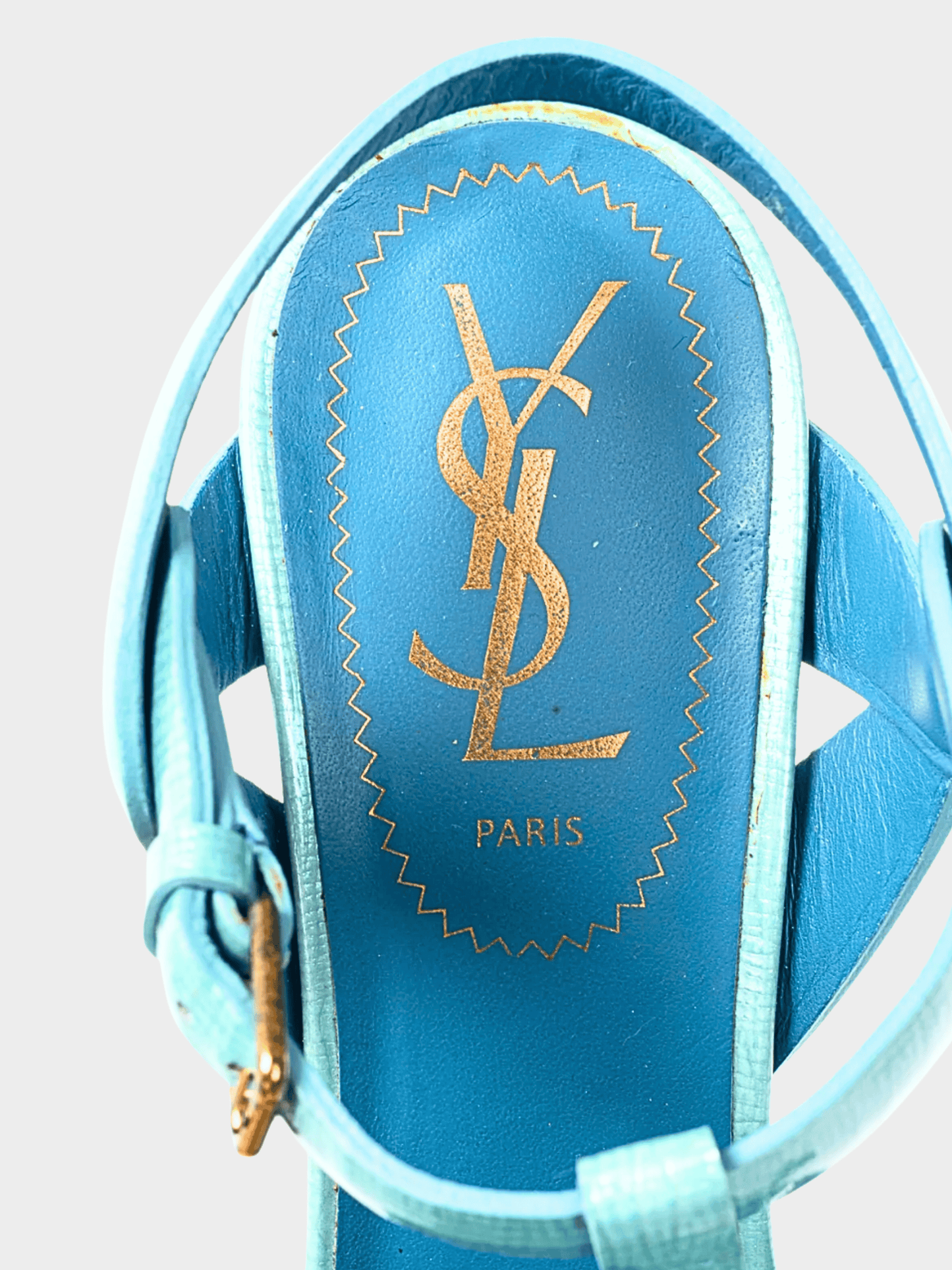 Yves Saint Laurent 2012 Tribute 105 Azur Paille Patent Platform Sandals