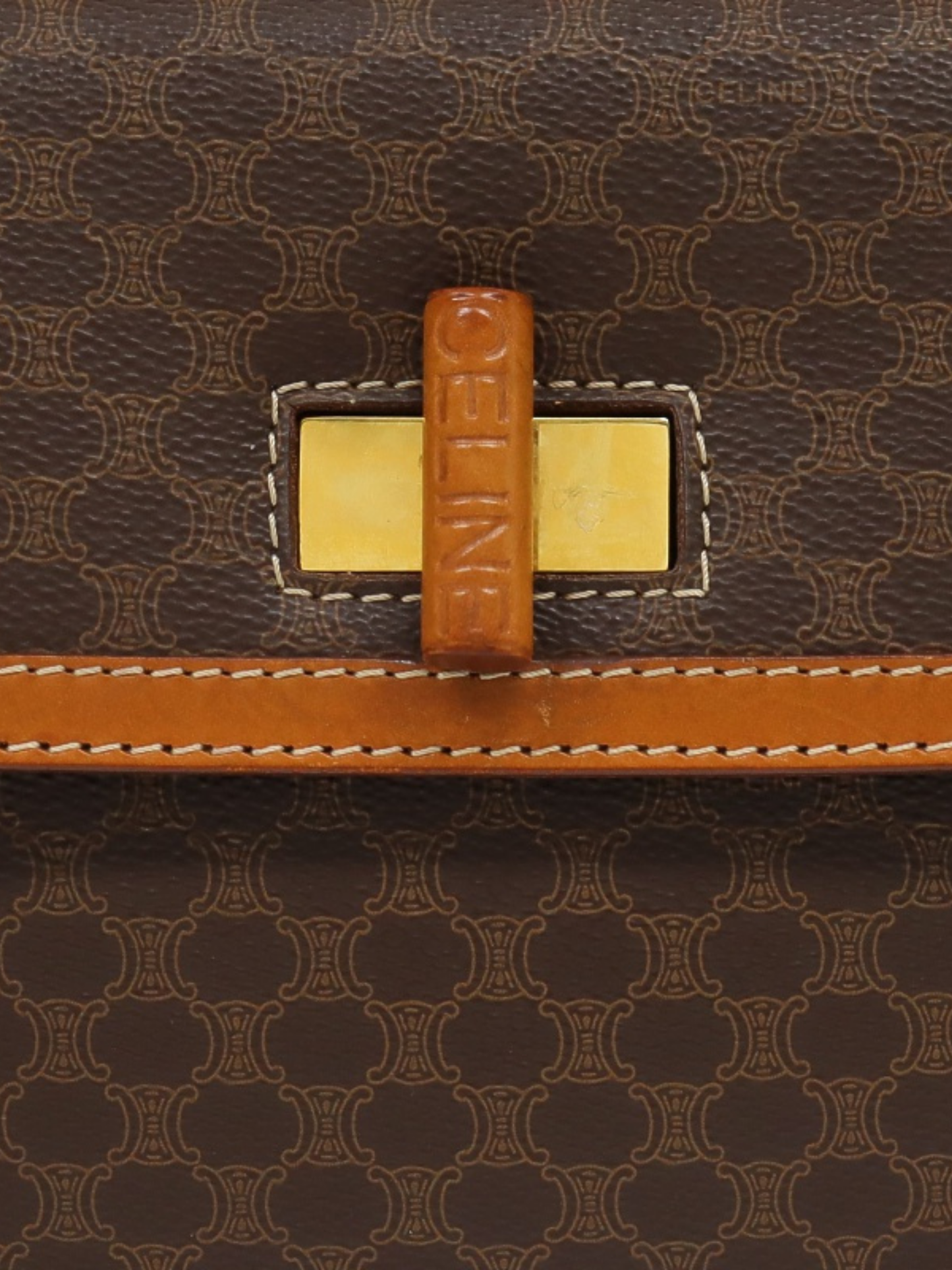 Celine 2000s Brown Macadam Leather PVC Turn Lock 2-Way Bag