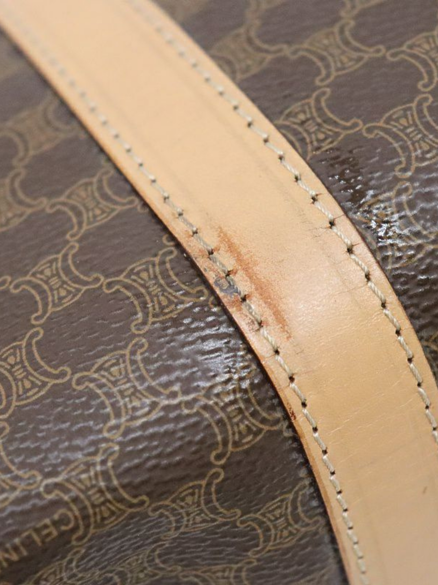 Celine 1990s Brown PVC and Leather Macadam Blazon Embossed Boston Bag