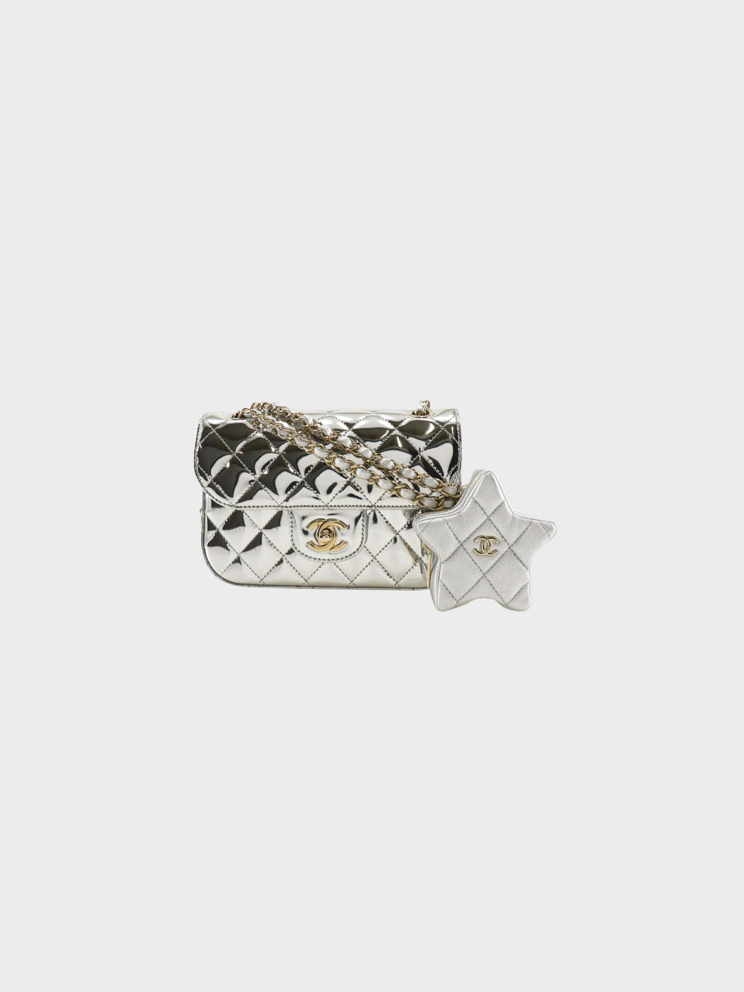 Chanel 2022 Silver Mini Flap Turn Lock Bag And Star Coin Purse Set