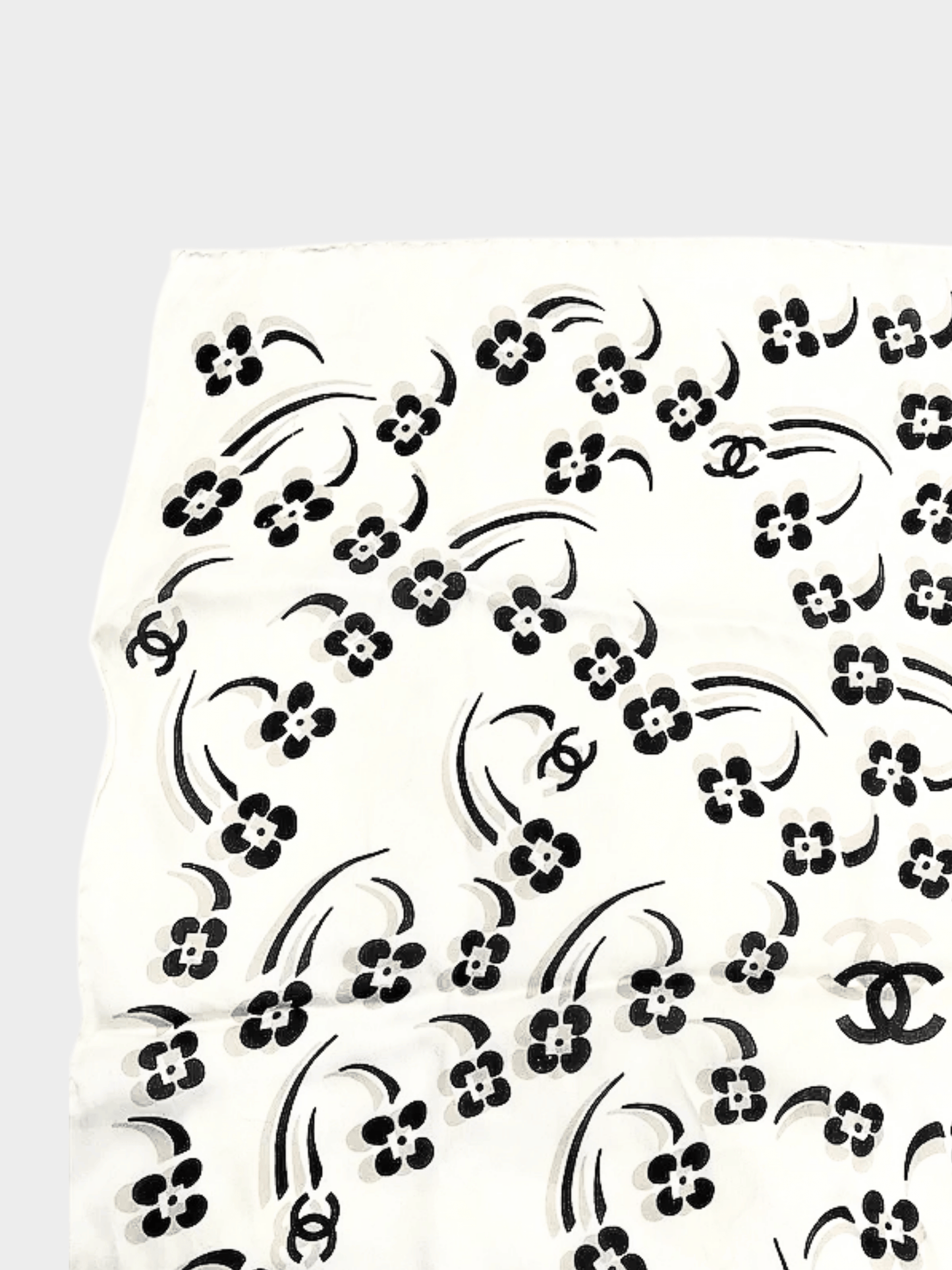 Chanel 2000s Beige Floral Print CC Silk Scarf