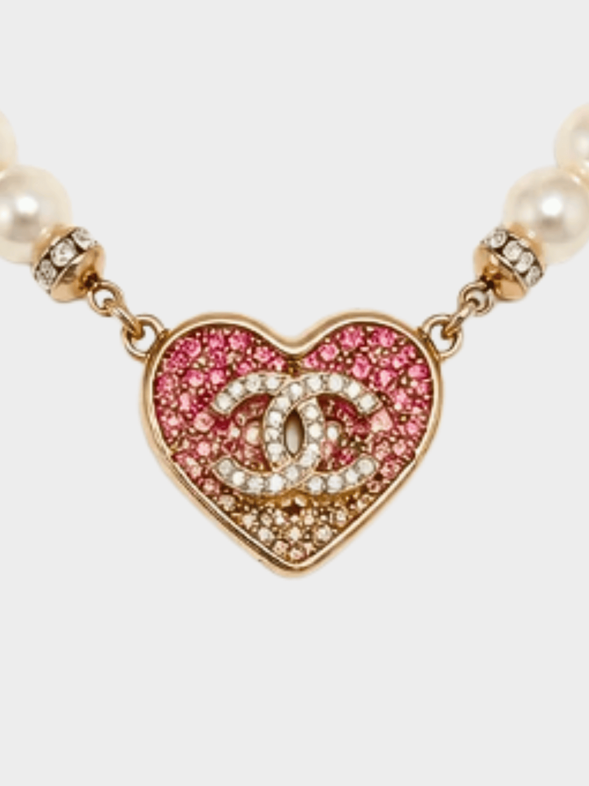 Chanel 2023 Gold CC Pink Heart Pearl Rhinestone Necklace