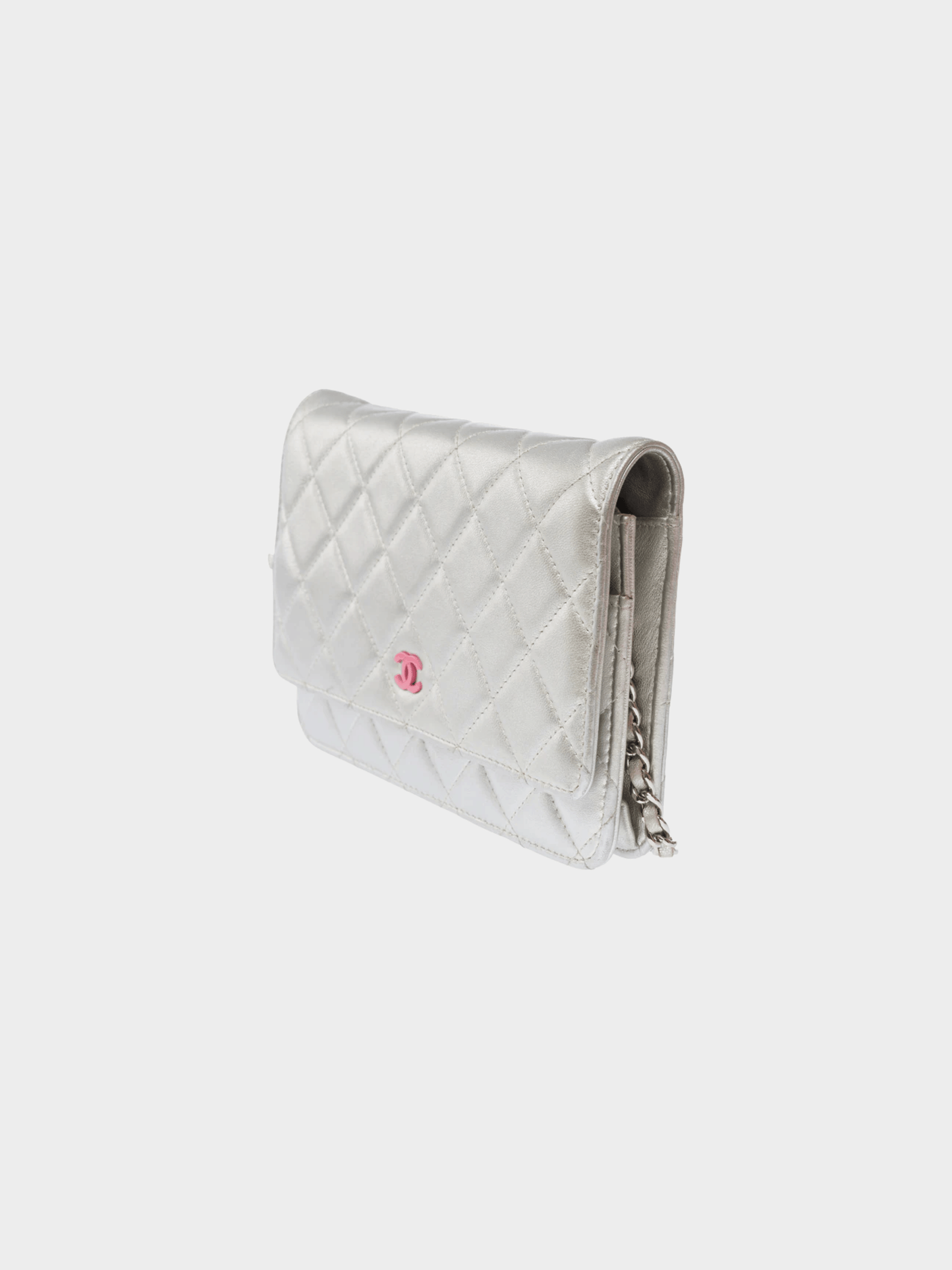 Chanel 2012 Silver Metallic Lambskin Quilted Wallet On Chain Bag