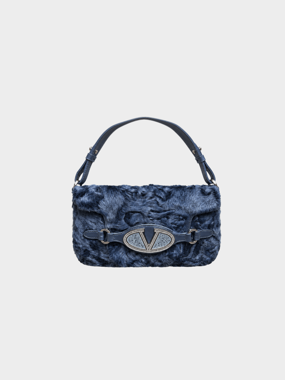 Valentino 2000s Dark Grey Leather Fur Embellished Shoulder Bag