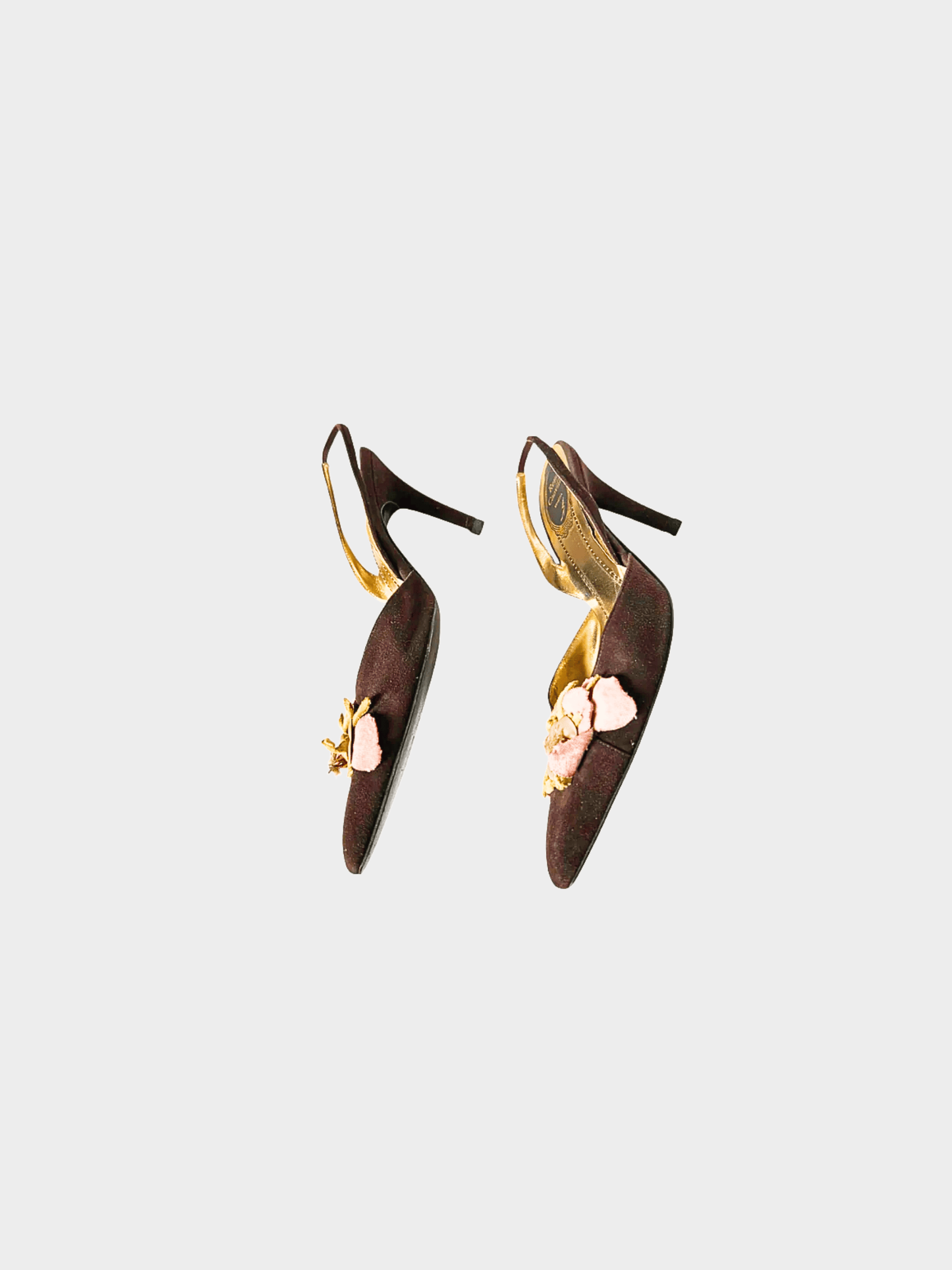 René Caovilla 2000s Brown Suede Floral Slingback Heels
