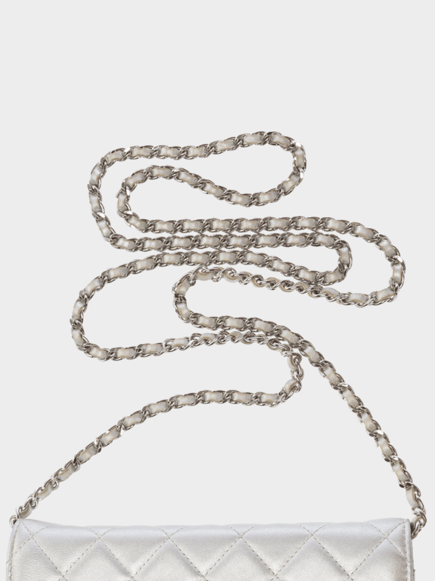 Chanel 2012 Silver Metallic Lambskin Quilted Wallet On Chain Bag