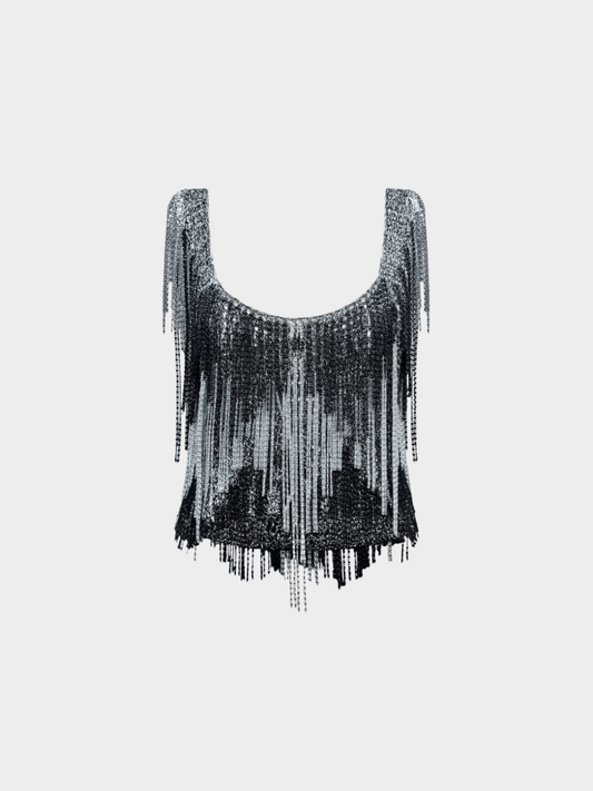 Loris Azzaro 1971 Black and Silver Chain Fringe Top