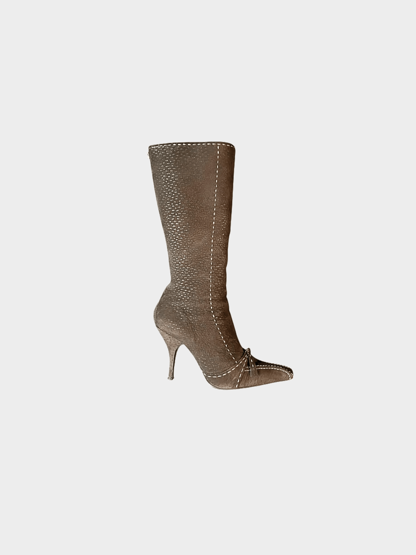 Prada 2000s Chocolate Brown Ostrich Leather Contrast Stitch Knee High Boots