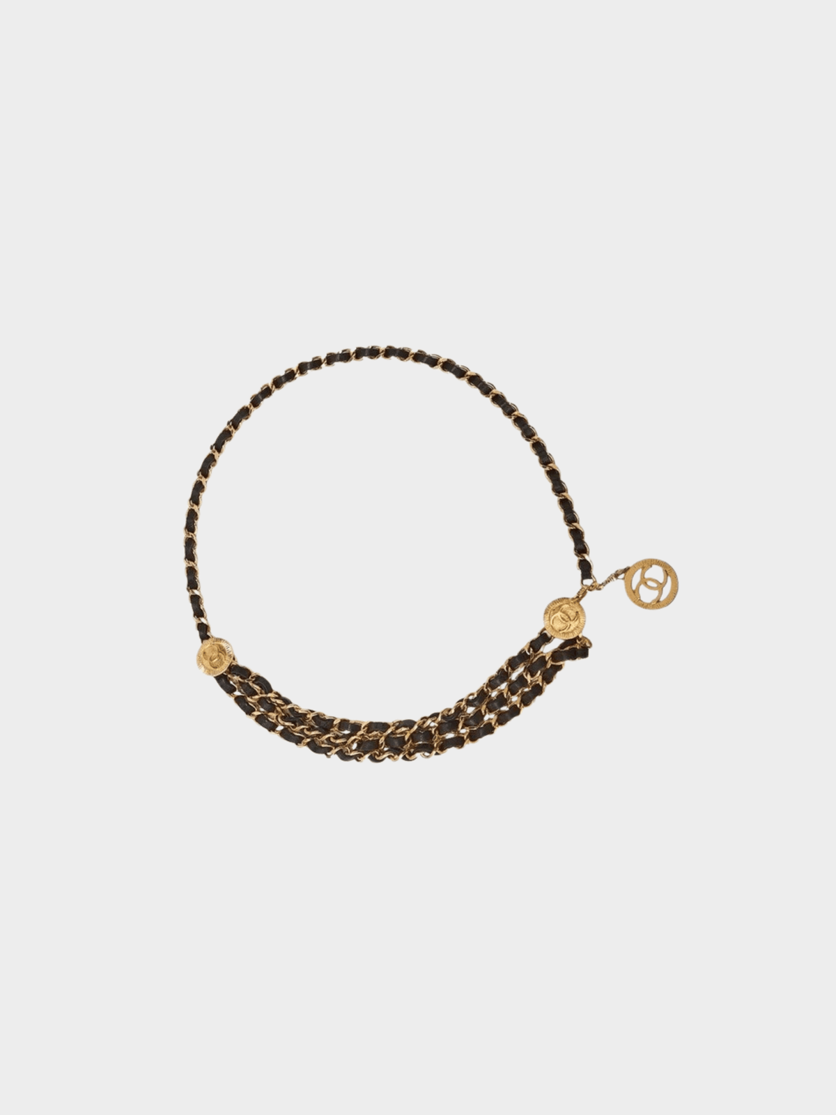 Chanel 1990s Multi Strand Black Lambskin Leather and Gold Chain Belt