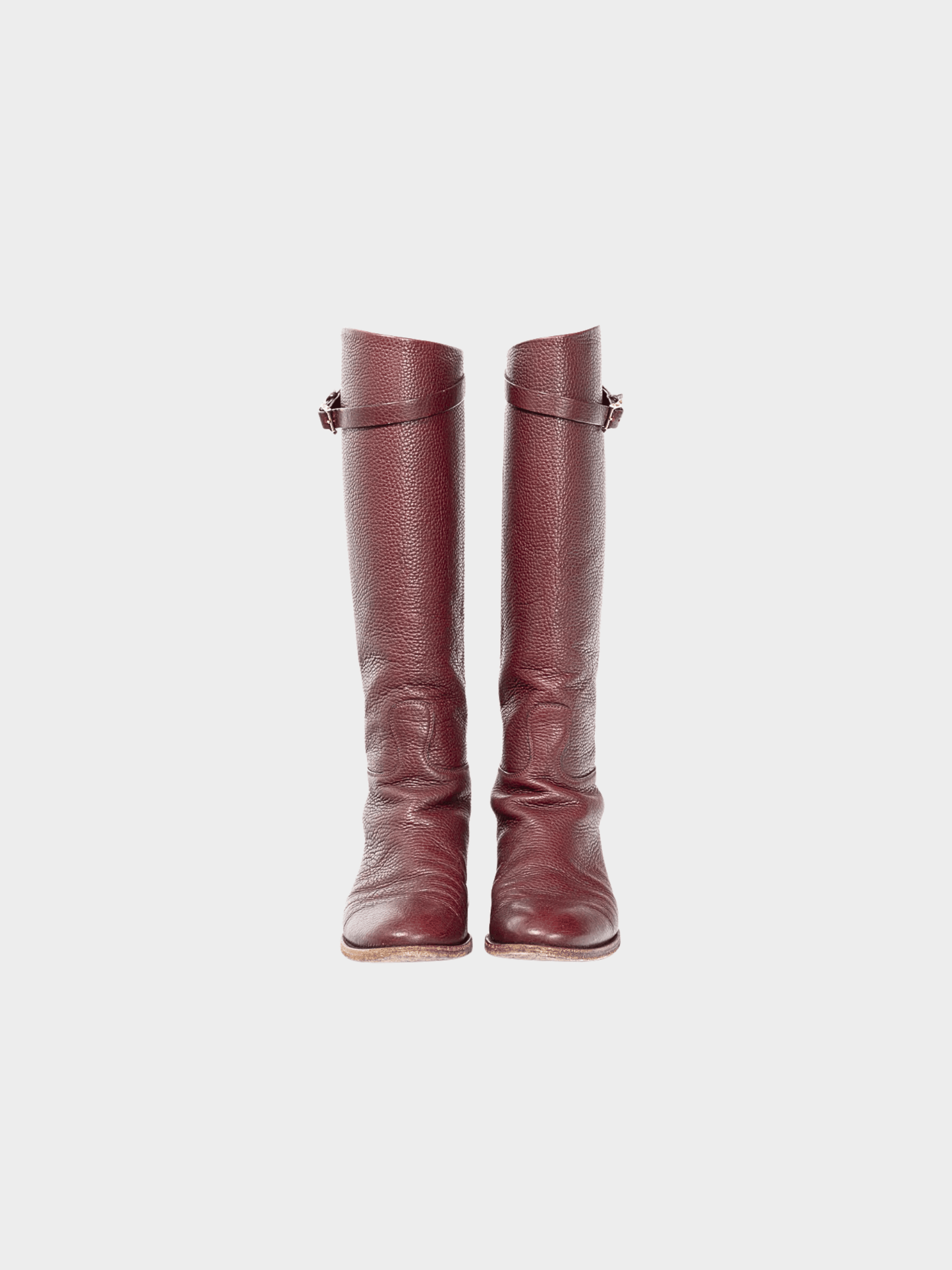 Valentino Garavani 2010s Burgundy Pebbled-Leather Rockstud-Buckle Riding Boots