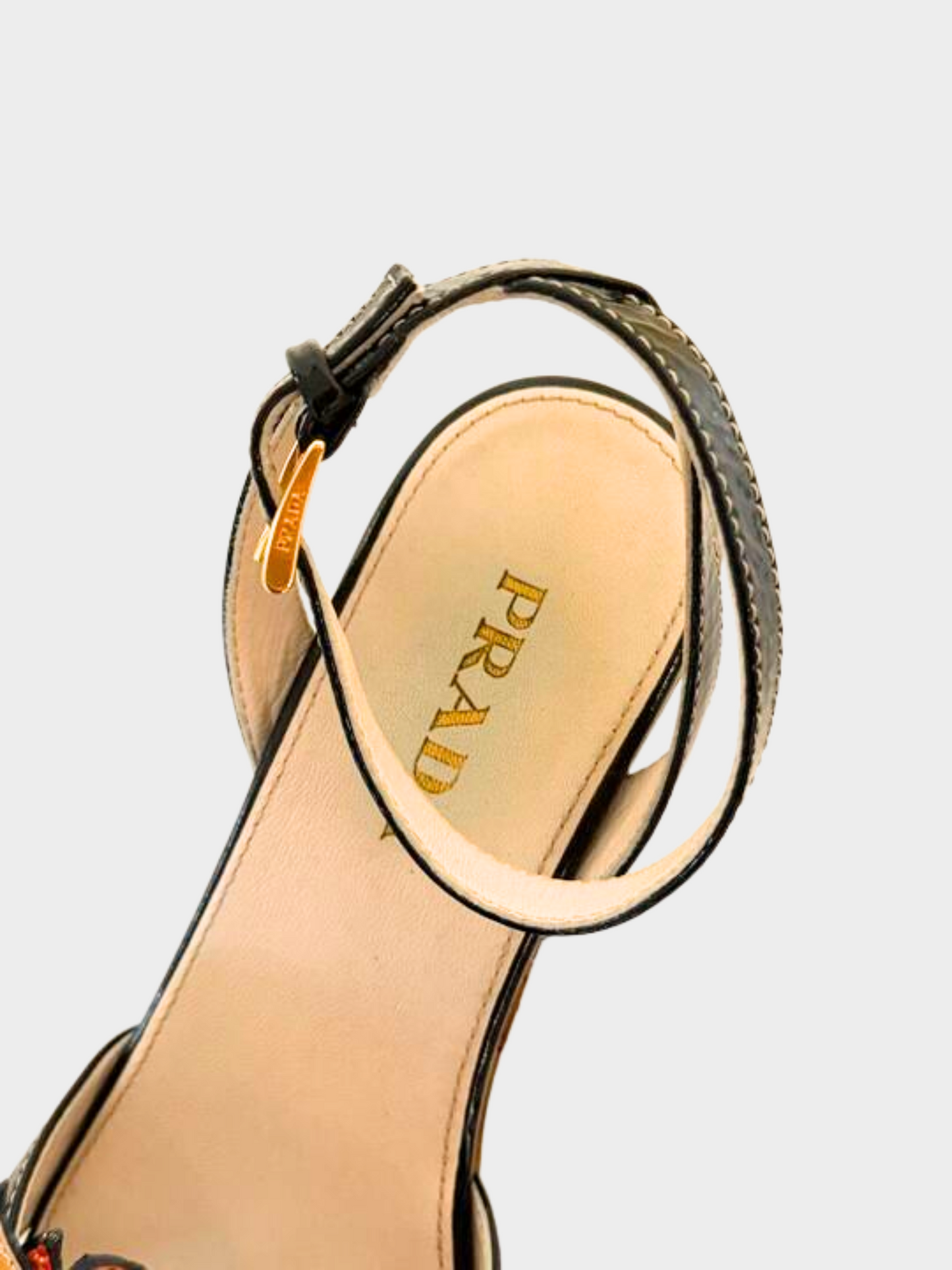 Prada 2000s Black Multicolour Paten Leather Flower Cork Wedge Heels