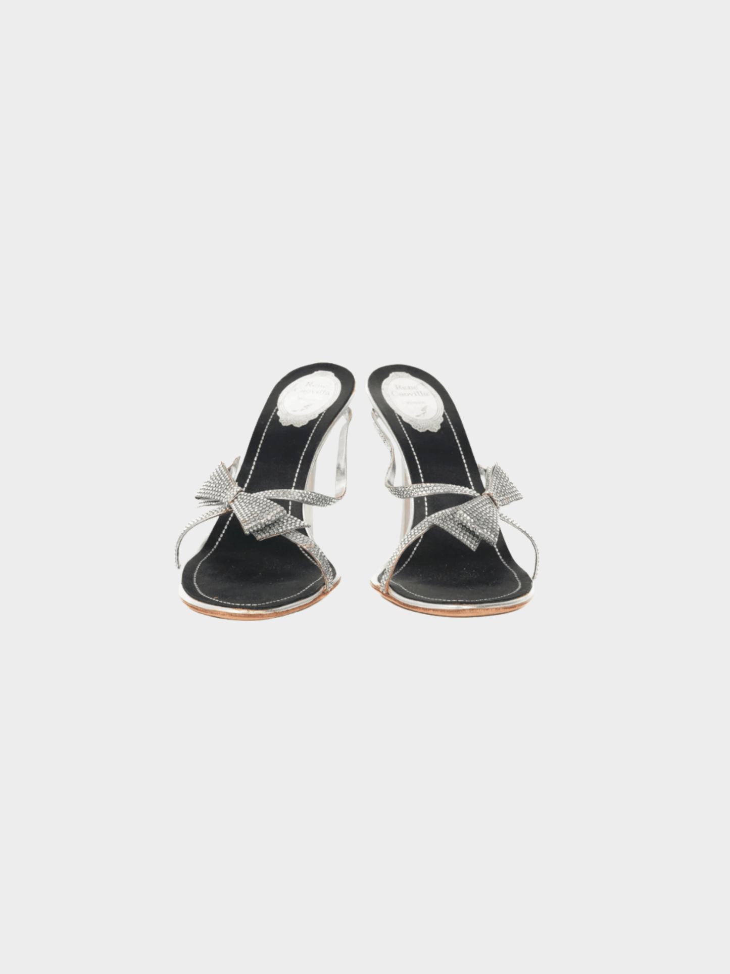 René Caovilla 2000s Silver Rhinestone Bow Mule Sandals