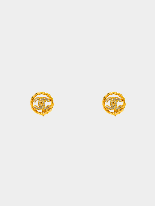Chanel 1990s Gold Round CC Matelasse Rhinestone Clip-on Earrings