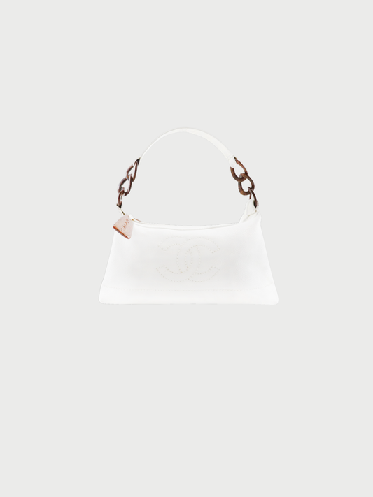 Chanel 2002 White Caviar Wood Chain Shoulder Bag