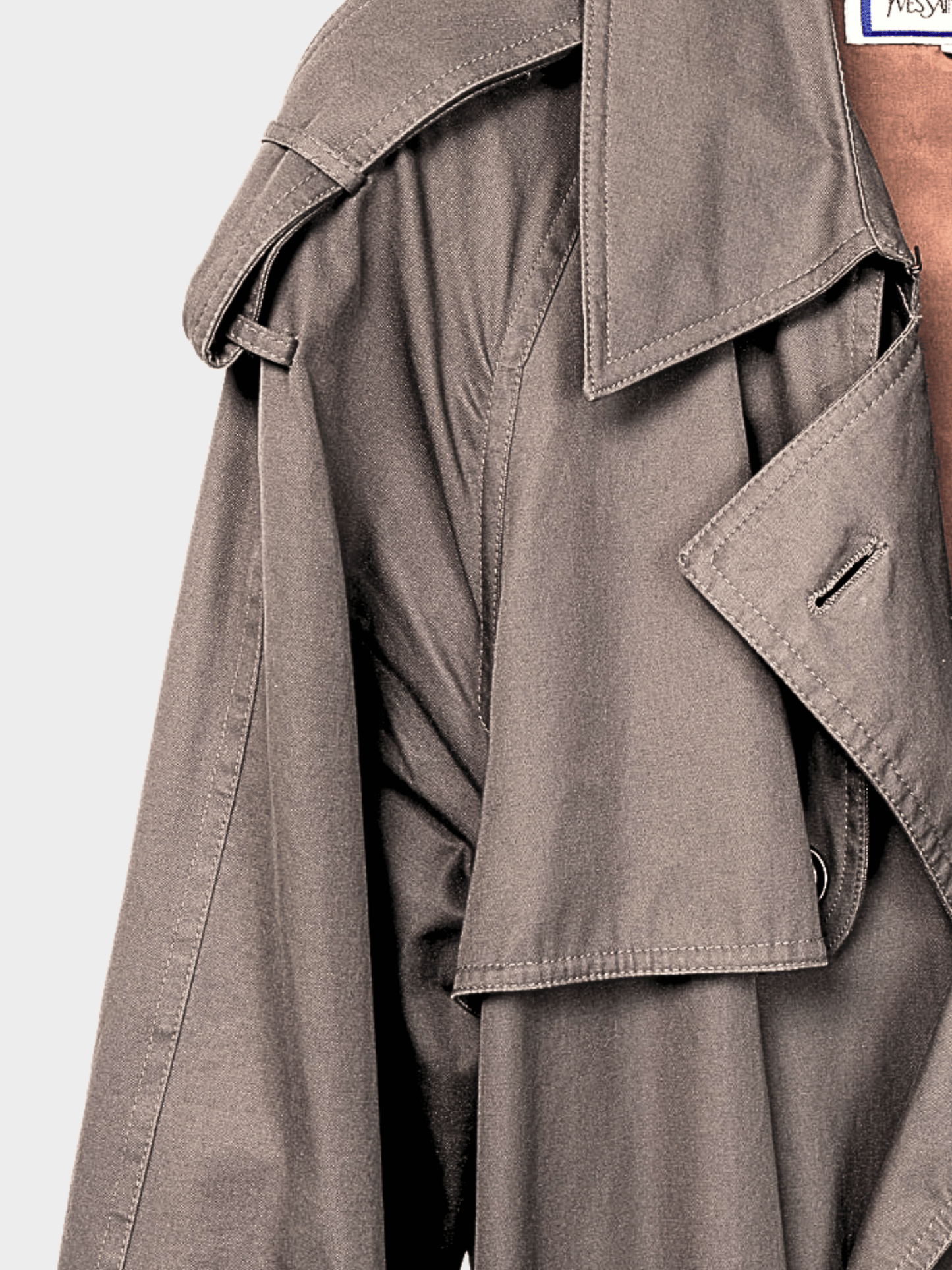 Yves Saint Laurent 2010s Grey Cotton-Twill Double-Breasted Belted Trench Coat