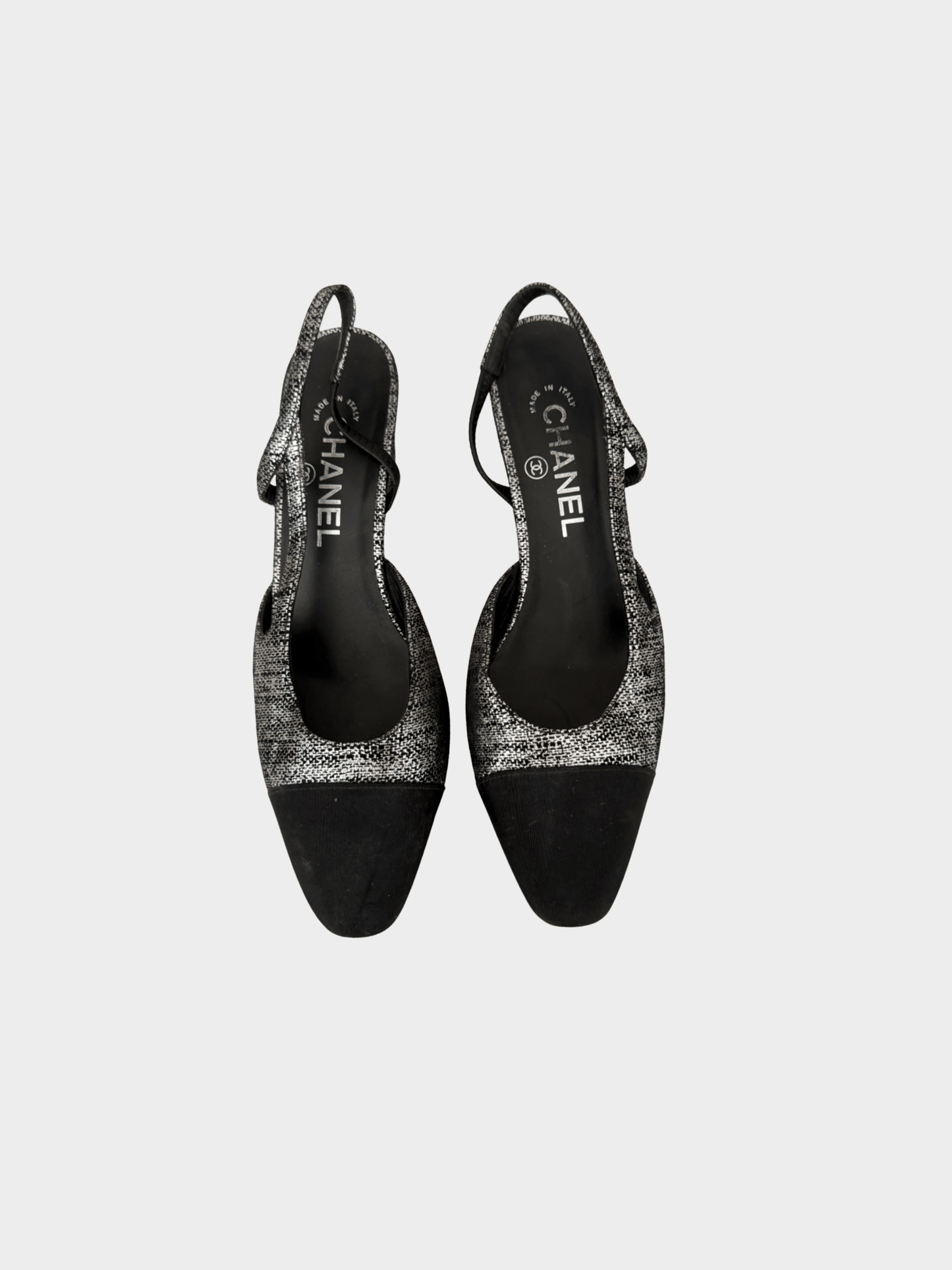 Chanel 2010s Silver Canvas and Suede Slingback Block Heel Pumps