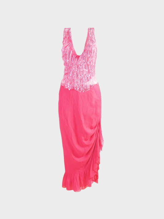 Armani SS 2002 Pink Beaded Top and Chiffon Skirt Set