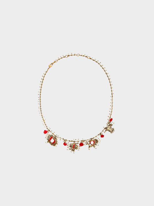 Christian Dior 2000s Gold Logo Charms and Micro Pearl Embellished Necklace