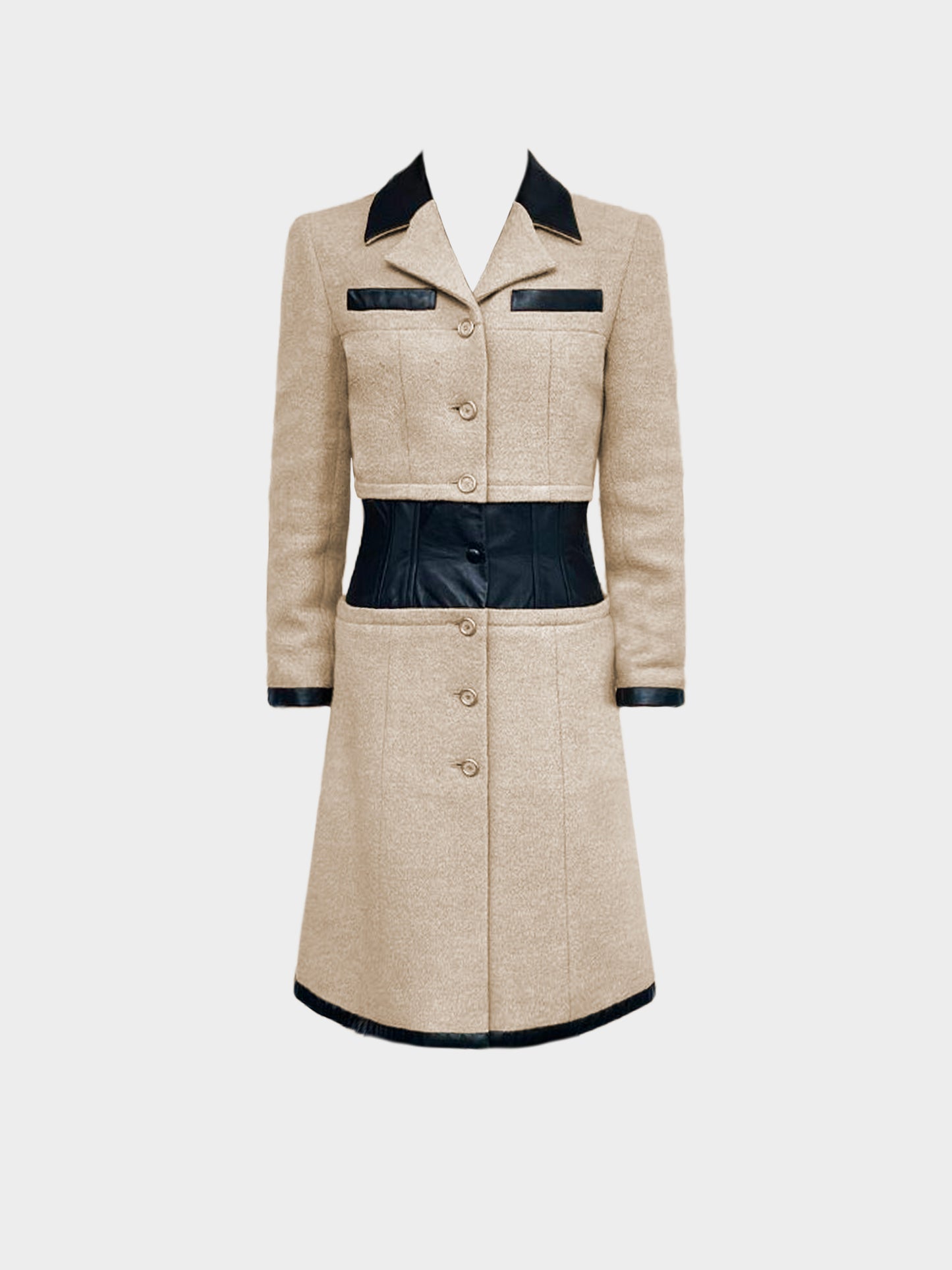 Chanel 2001 Beige Camel Hair and Black Leather Trims Coat