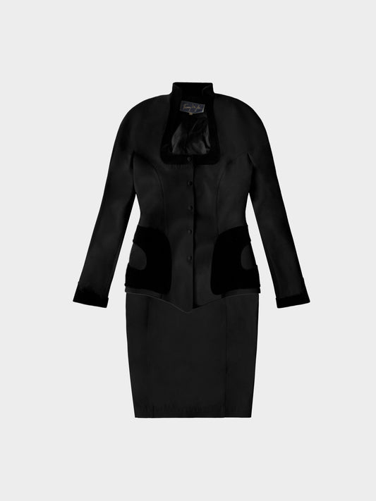 Thierry Mugler 1990s Black Velvet Trim Blazer and Skirt Set