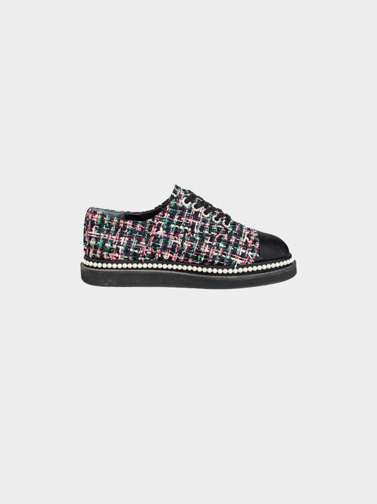 Chanel SS 2017 Tweed and Grosgrain Cap Toe Pearl Embellishes Sneakers