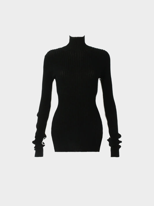 Celine by Phoebe Philo 2010s Black Ribbed Knit Turtleneck Bodycon Dress