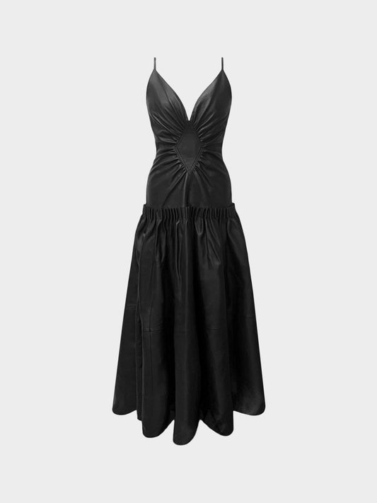 Loewe SS 2020 Runway Black Lambskin Leather Gathered Dress