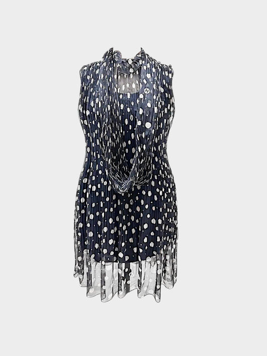 Chanel 2000 Navy Pleated Chiffon Polka Dot Print Chiffon Dress and Scarf