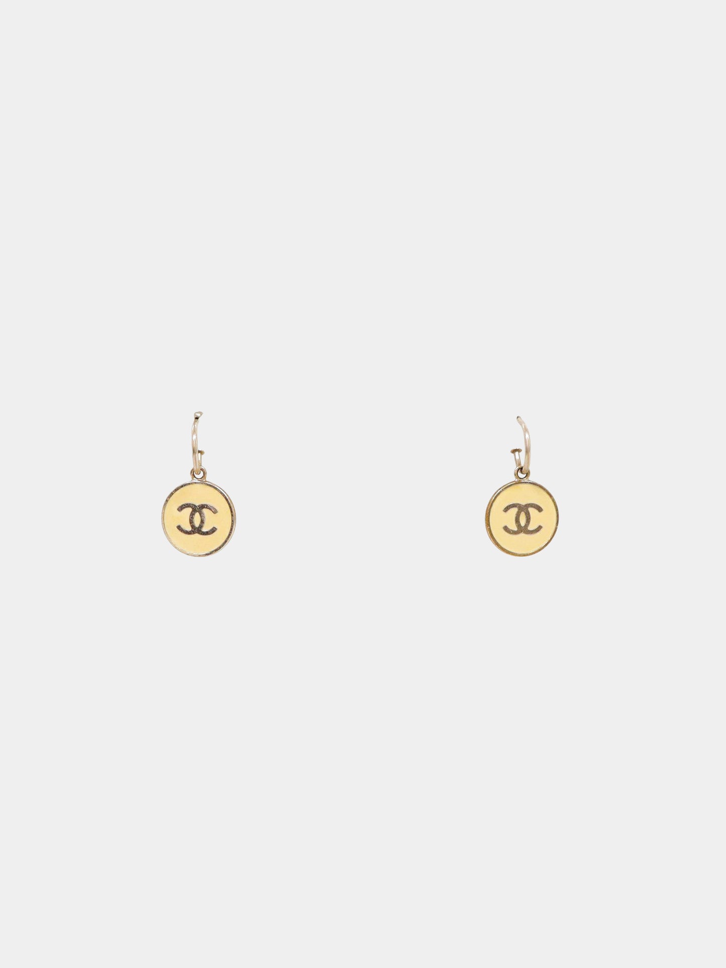 Chanel 2000s Silver and Beige Enamel CC Round Earrings