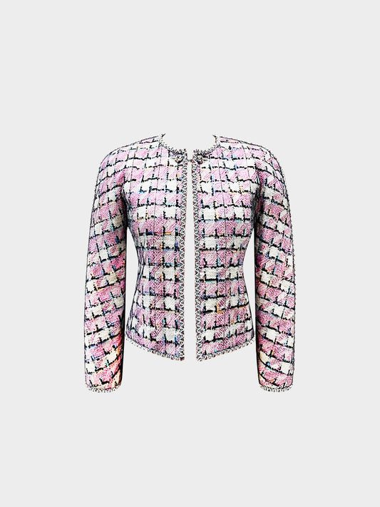 Chanel 1998 Pastel Check Tweed Tulle Overlay Jacket