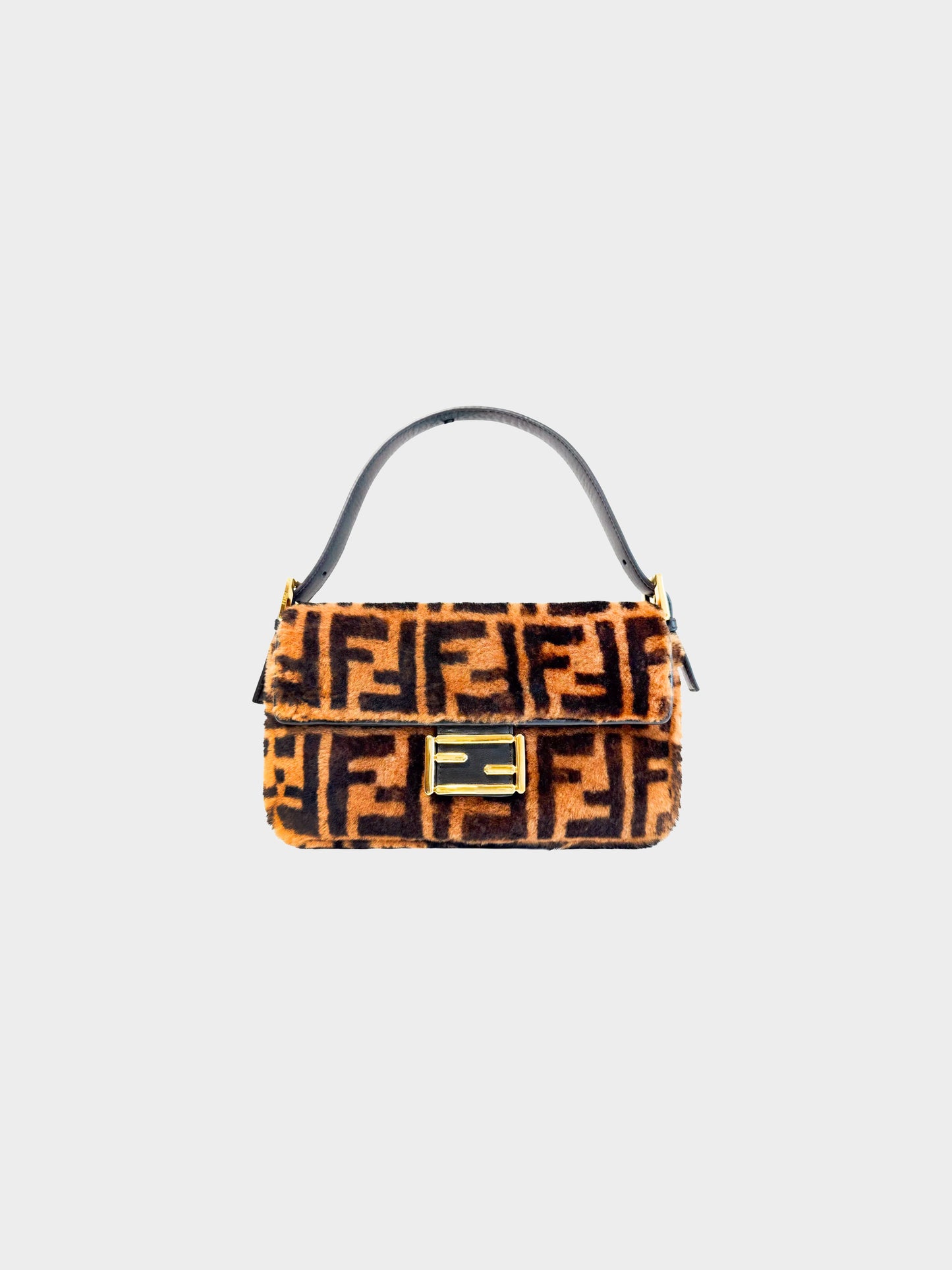 Fendi 2000s Brown Shearling Fur Zucca Monogram Baguette