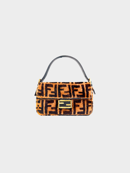 Fendi 2000s Brown Shearling Fur Zucca Monogram Baguette