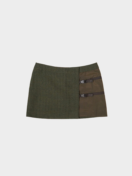 Miu Miu FW 1999 Khaki Wool and Nylon Buckled Wrap Mini Skirt