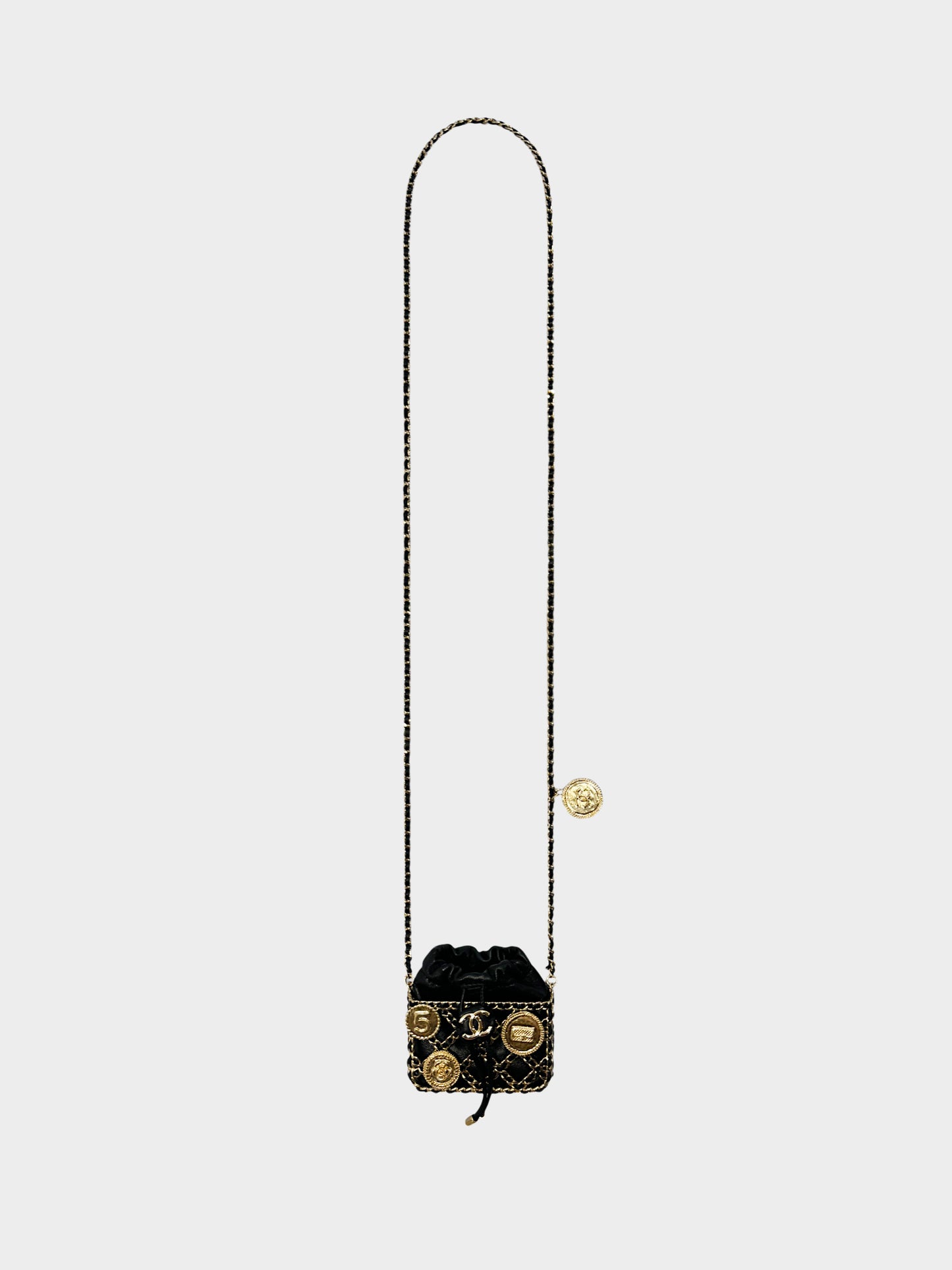 Chanel 2020s Black Lambskin Leather Gold Medallion Coins and Threaded Chain Cage Bucket Bag