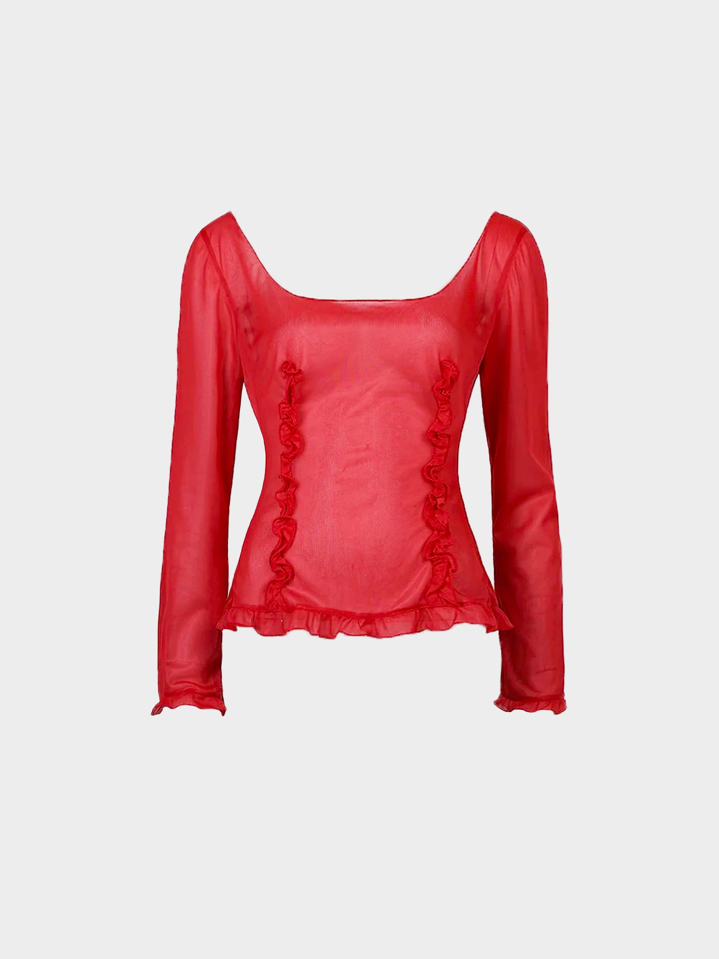 Miu Miu FW 1999 Red Sheer Mesh Ruffled Top