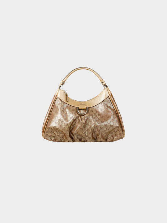 Gucci 2000s Gold Metallic Leather and Brown GG Crystal Canvas D-ring Bag