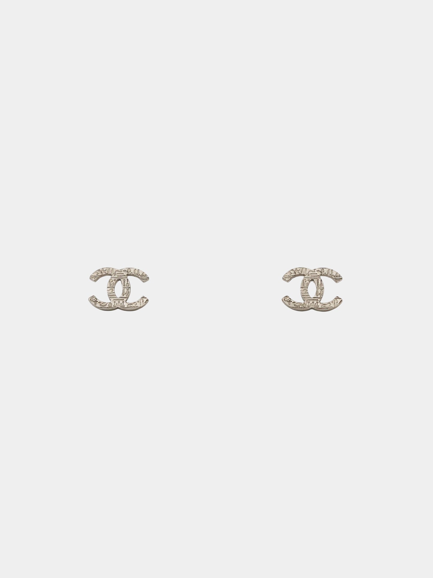 Chanel 2019 Silver Engraved Hieroglyphics CC Earrings