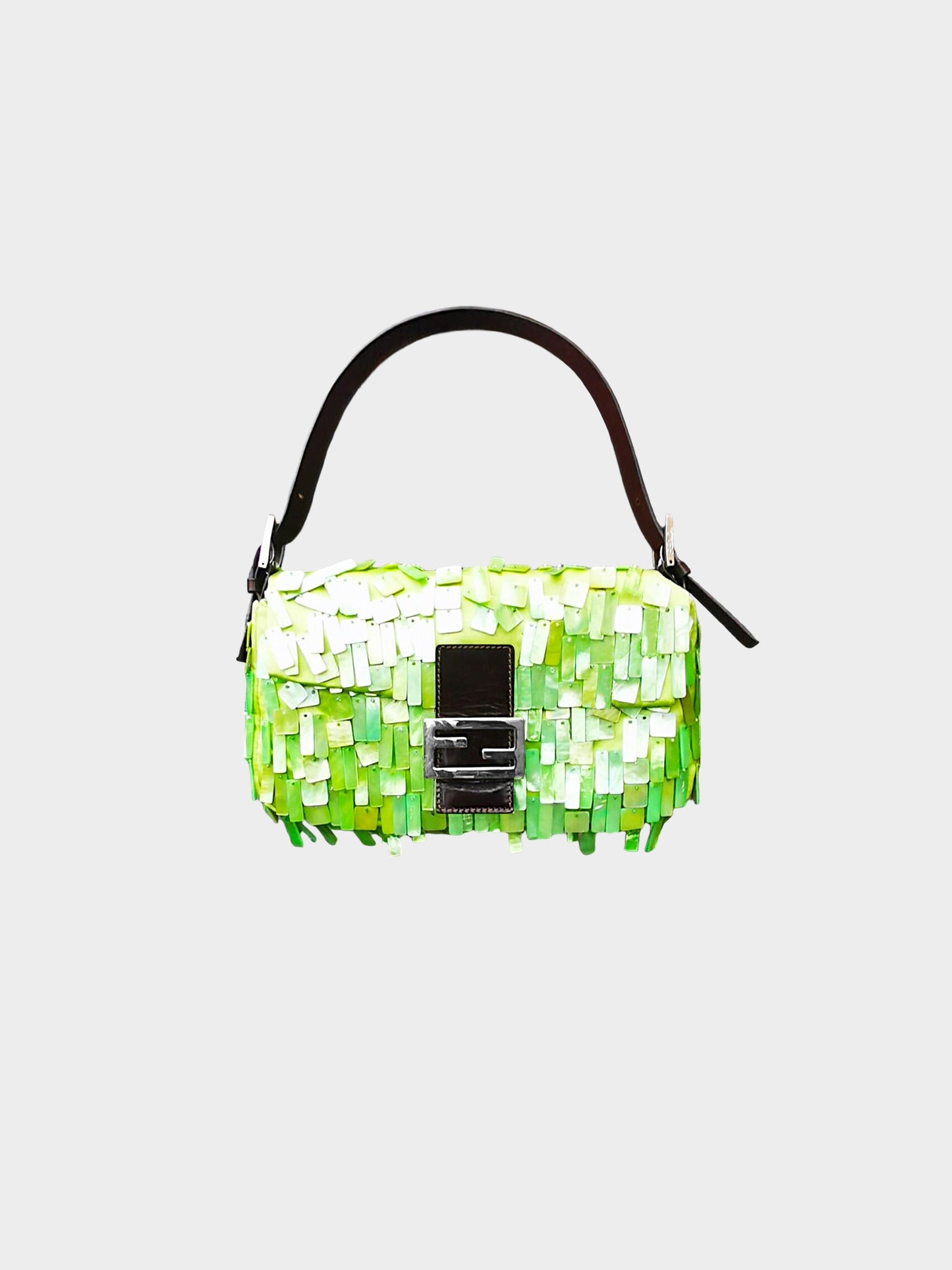 Fendi 2000s Rare Green Satin and Mother of Pearl Shell Baguette Bag