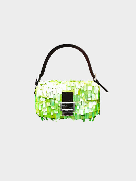 Fendi 2000s Rare Green Satin and Mother of Pearl Shell Baguette Bag