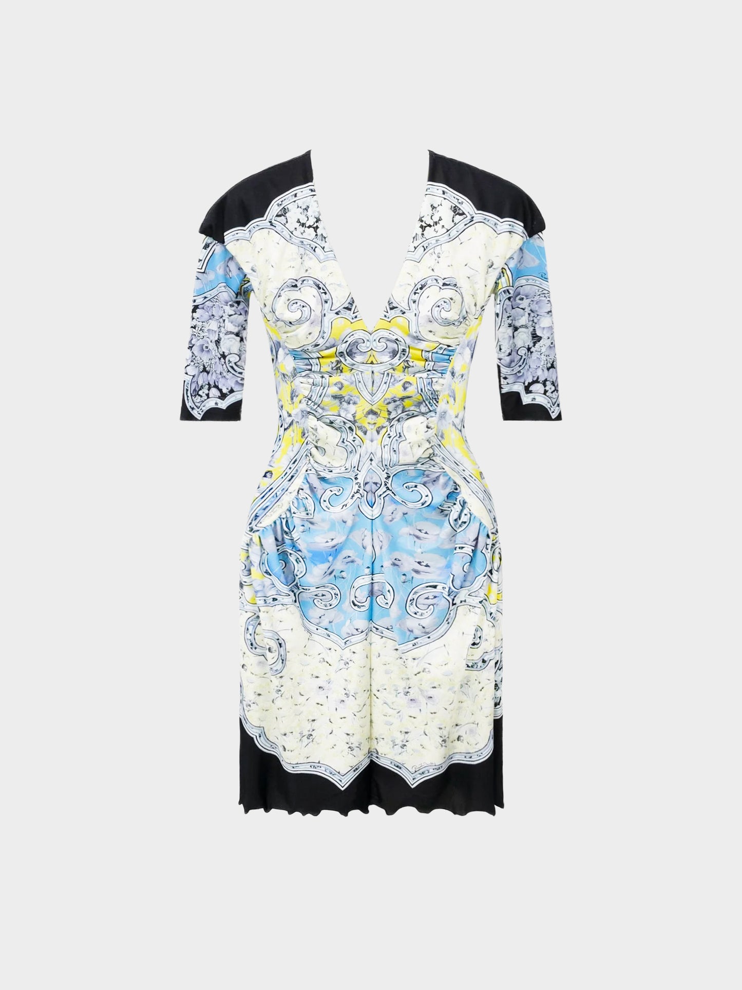 Roberto Cavalli 2007 Stretch Nylon Mixed Print Ruched Dress
