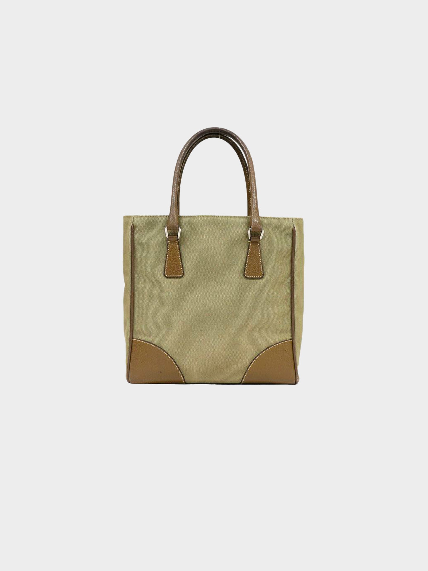 Prada 2000s Khaki Canvas and Leather Logo Tote Bag