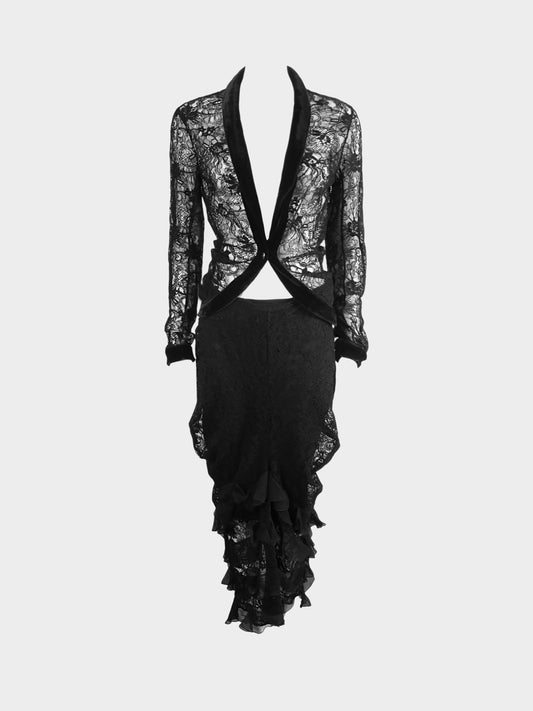 Christian Dior by John Galliano SS 2003 Black Lace Velvet Trim Top and Ruffled Skirt Set