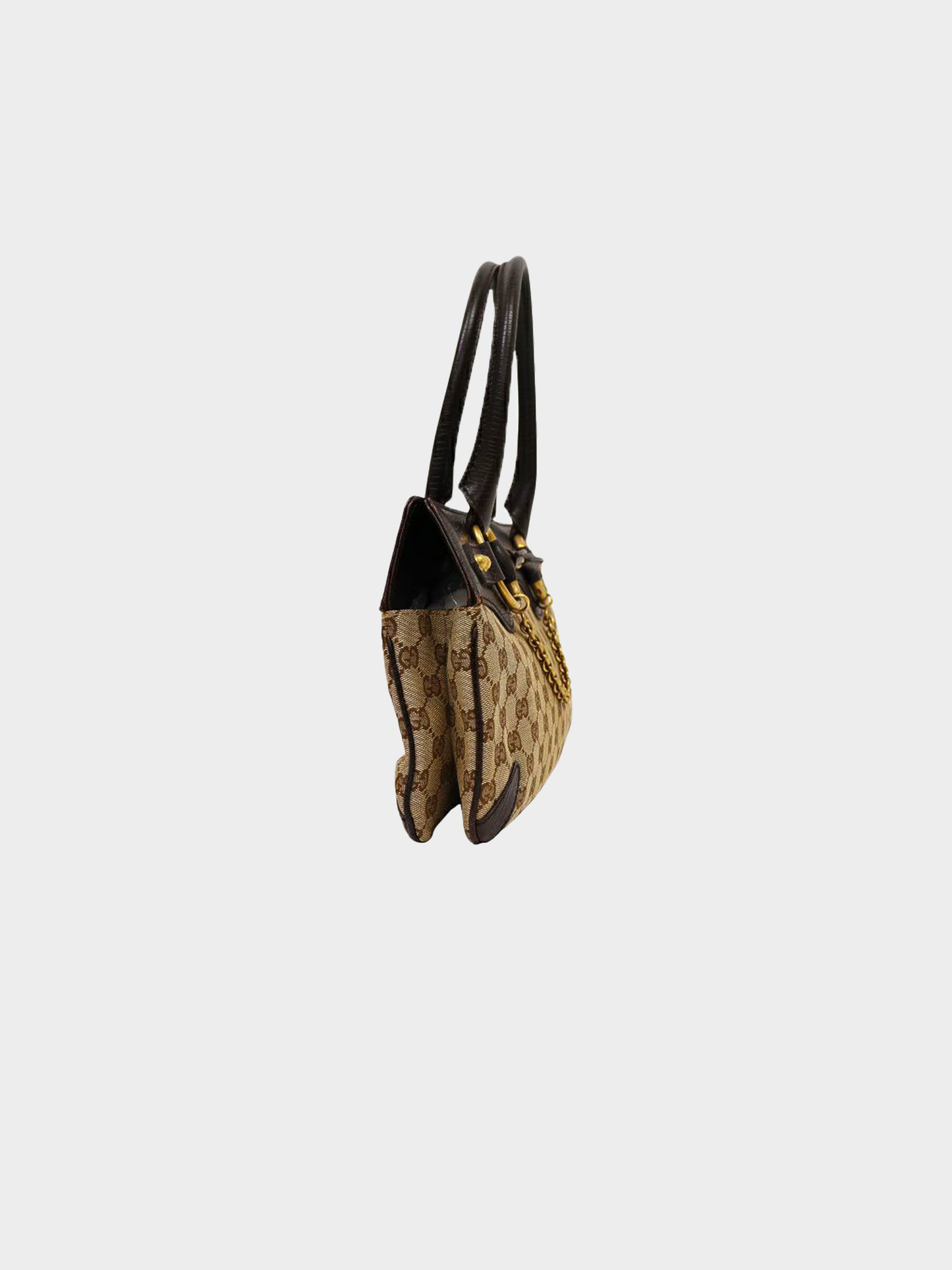 Gucci 2000s Dark Brown Leather and GG Monogram Canvas Horsebit 1955 Handbag
