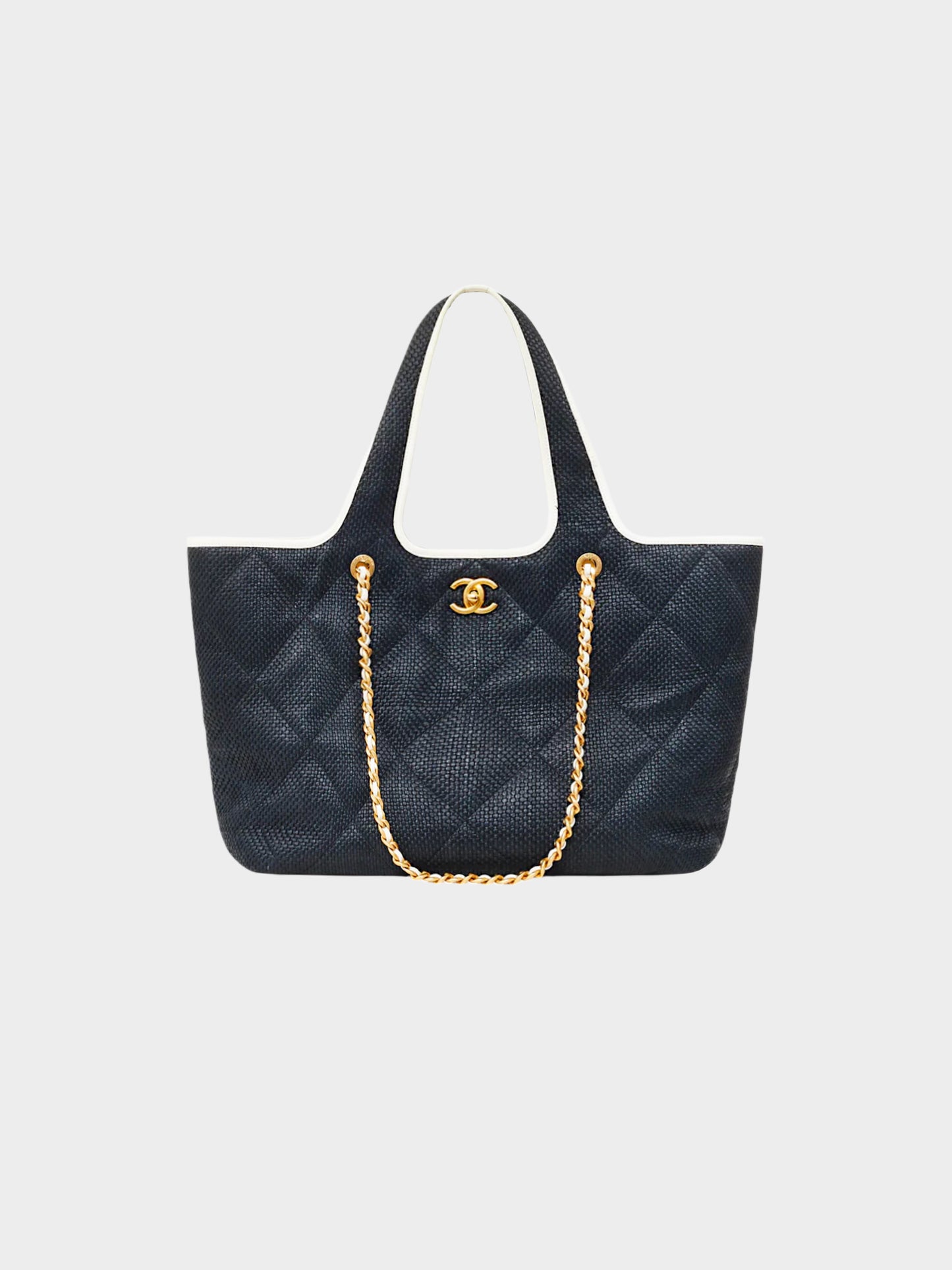 Chanel 2023 Dark Navy Raffia Quilted Tote Bag