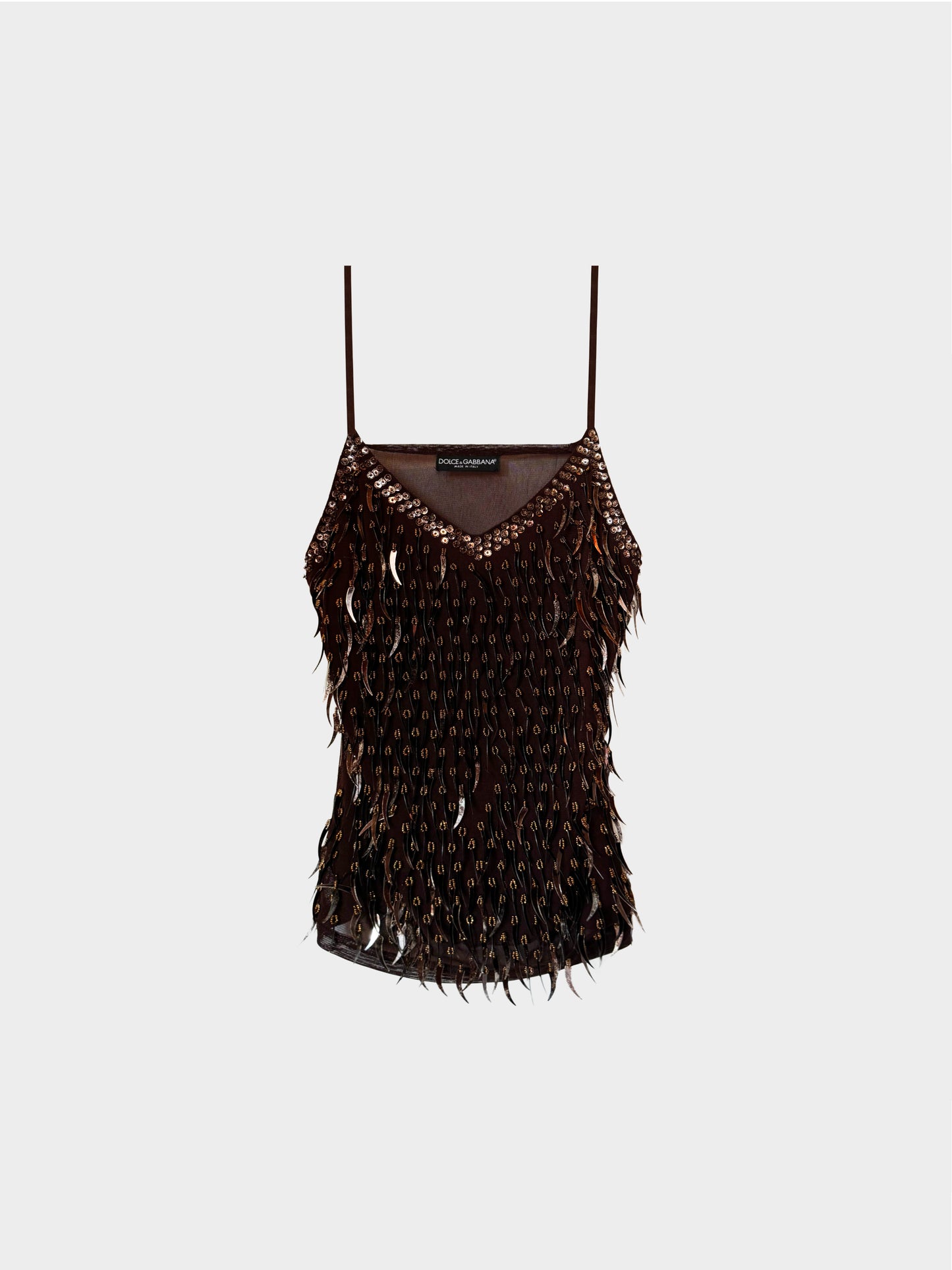 Dolce and Gabbana 2000s Dark Brown Beading and Tiger Tooth Sequin Embellished Sheer Tulle Top