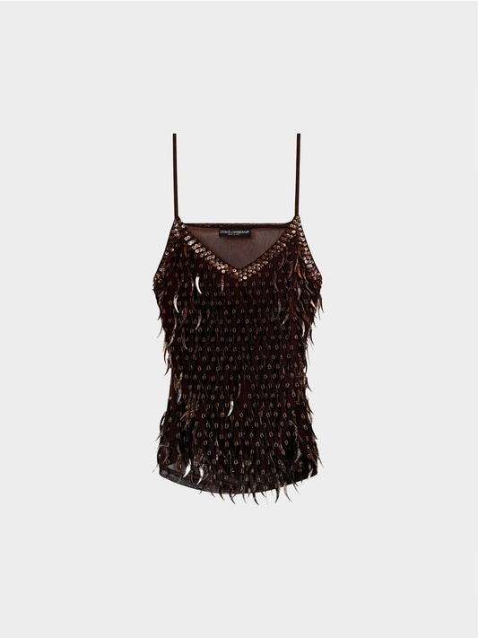 Dolce and Gabbana 2000s Dark Brown Beading and Tiger Tooth Sequin Embellished Sheer Tulle Top
